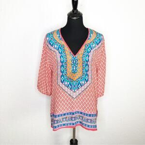 Tolani pink orange blue silk graphic top size Medium